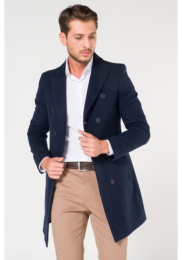 Erkek Kruvaze Lacivert Kışlık Slim Fit Kaşe Kaban-Lacivert