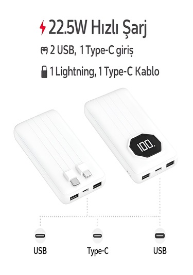 5in1 10.000mah 22,5w Hızlı Şarj Powerbank - 2 Usb, Lightning & Type-c Kablı Taşınabilir Şarj Cihazı Beyaz