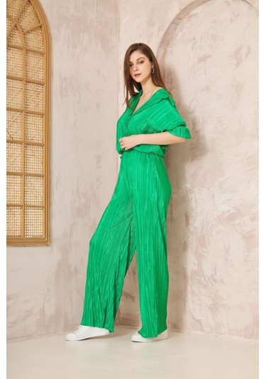 Kadın Pliseli Beli Lastikli Pantolon Tunik Gömlek Ikili Bürümcük Salaş Takım 3573300 Yeşil