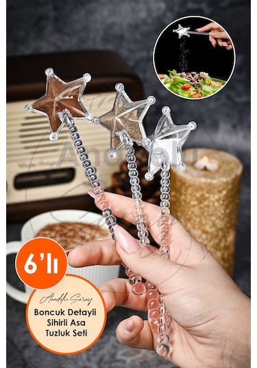 Anadolu Saray 6'lı Boncuk Detaylı Sihirli Tuzluk Karabiberlik Baharatlık Asa Tuzluk Cam Değildir 6li Tuzluk Seti