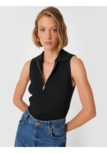 Koton Polo Yaka Kolsuz Triko Üst Yarım Fermuar Detaylı Fitilli Ekru 5wak30020ht Siyah