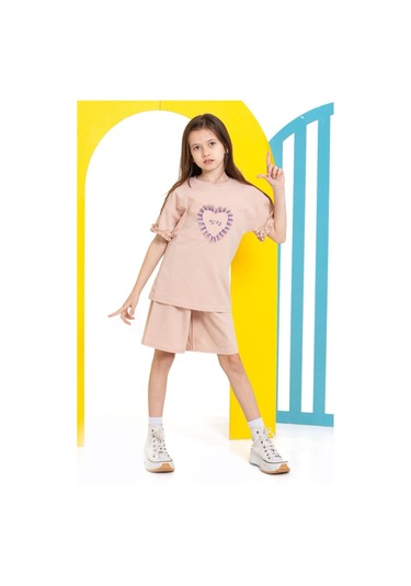 Kız Çocuk Şortlu Takım Bej