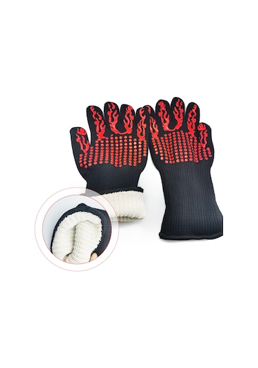 Geeksen Yüksek Sıcaklığa Dayanıklı 500-800 C İki Yönlü Kaymazsız Silikonlı Barbekü Eldiveni - Fırın, Pişirme, Mangal Koruması Çok Renkli