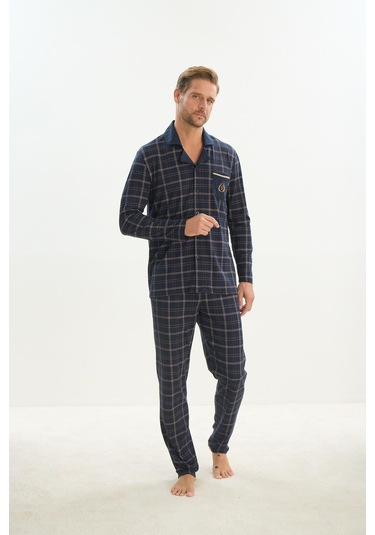 Erkek Uzun Kol Gömlek Yaka Önden Düğmeli Lacivert Pijama Takım C5t3n5o9 001
