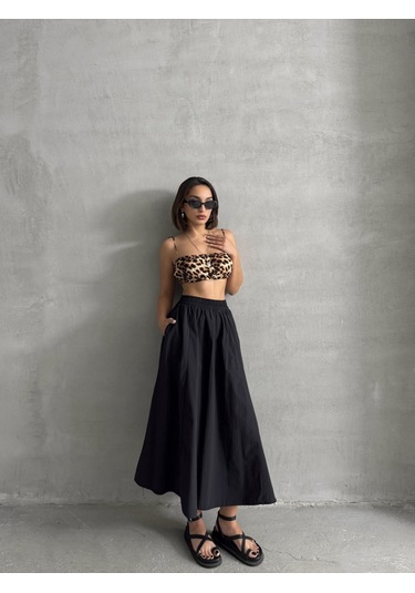 Kadın Beli Lastikli Dokuma Kloş Etek Siyah