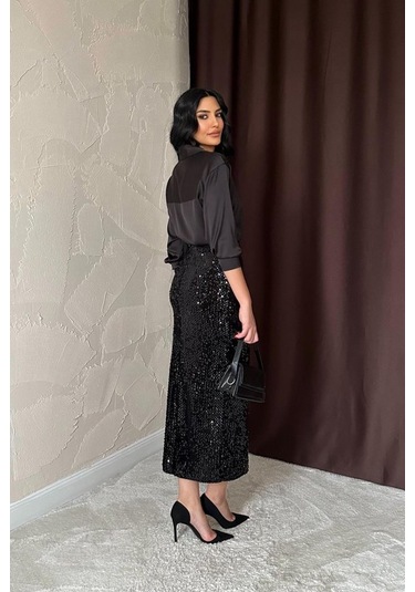 Siyah Pulpayetli Parlak Etek Siyah