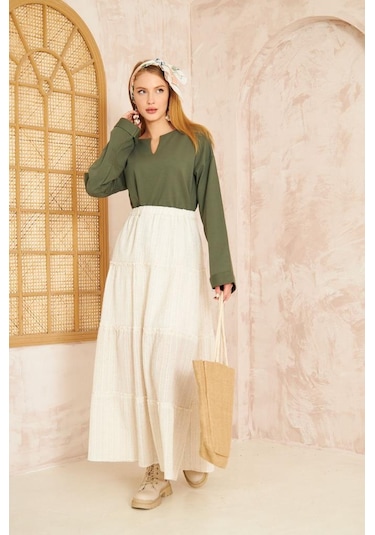 Kadın Ekstra Uzun Duble Kol / Yakası Yırtmaçlı Salaş Sweatshirt Bluz 3470190 Haki