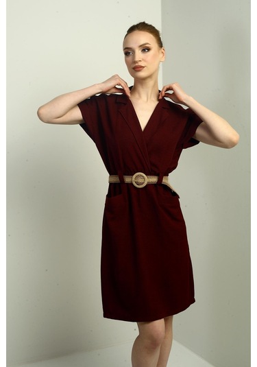 Kadın Torba Cepli Beli Kemerli Elbise-40676 Bordo