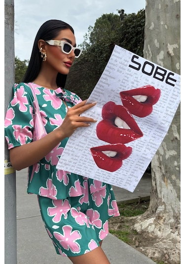 Kadın Multi Çiçek Desenli Poplin Kısa Takım Çok Renkli
