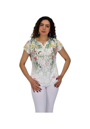 Kadın Kısa Kol Baskılı Bluz Bgl-st04691 Krem