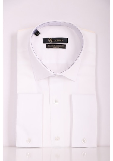 Aclassics Erkek Beyaz Slim Fit Saten Pamuk Cepsiz Gömlek