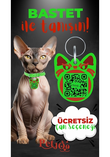 Petjoo 1.Bastet Kırmızı-Yeşil Qr'lı Kedi Künyesi