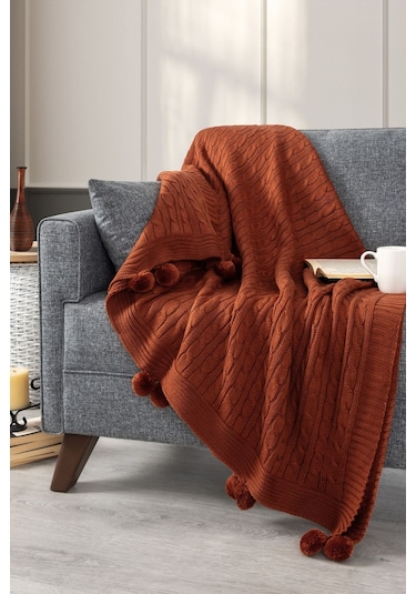 Ponponlu Triko Örme Tv Battaniyesi Koltuk & Omuz Şalı & Diz Battaniyesi 130x170 Cm-kiremit-terra Kiremit