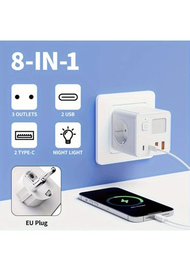 Motion003 8'li 1 Eu Güç Çubuğu Siyah 3 Usb 2 Tip-c Girişi Gece Işığı Kompakt Tasarım