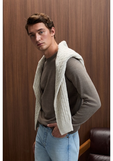 VAREX Erkek Yuvarlak Yaka Basic Slim Fit Triko Vizon Kazak