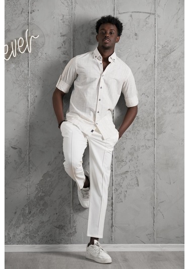 Advante İnce Çizgili Yaka Düğmeli Katlamalı Kol Pamuklu Slimfit Yazlık Keten Gömlek Kahve