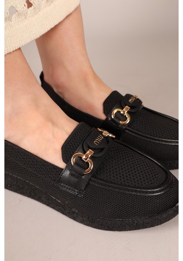 Minty Önü Tokalı Triko Babet Siyah-7905 Siyah