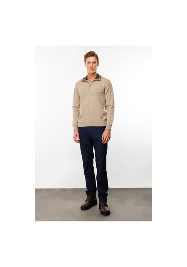 Erkek Fermuarlı Yaka Klasik Yün Kazak K.bej K.bej