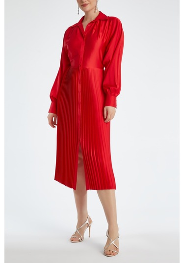 Kadın Piliseli Etekli Elbise - Modern Ve Şık - Günlük Ve Özel Davetler İçin Elbise Kırmızı