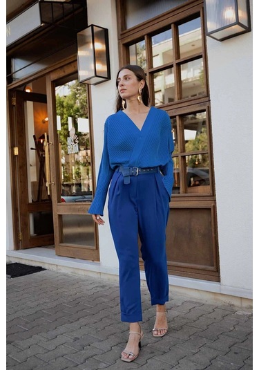 Kadın Yüksek Bel Pileli Pantolon Frn2000 Saks