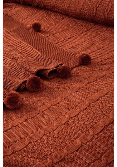 Çift Kişilik Ponponlu Triko Örme Battaniye Kiremit