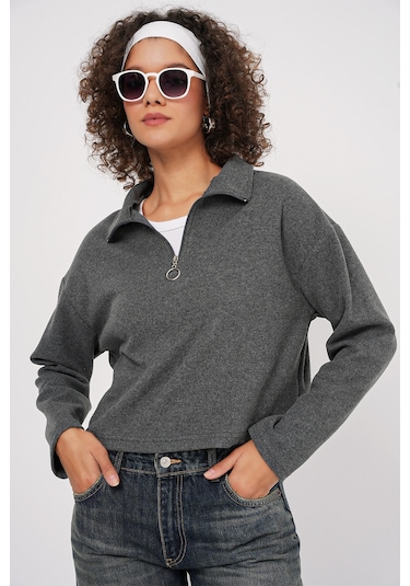 Bigdart 55449 Fermuarlı Yaka Örme Sweatshirt - Antrasit