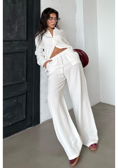 Madmext Ekru Keten Kadın Gömlek Pantolon İkili Takım Mg2356 Ekru
