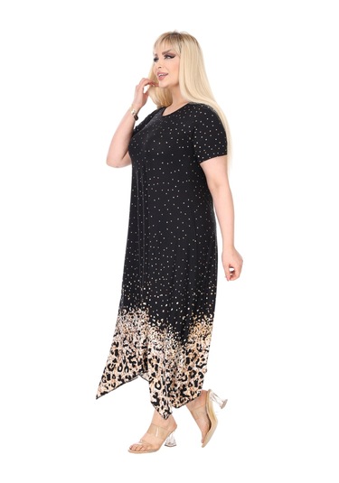 Melsay Butik Siyah Puanlı Eteği Leopar Desen Asimetrik Kısa Kollu Elbise Siyah