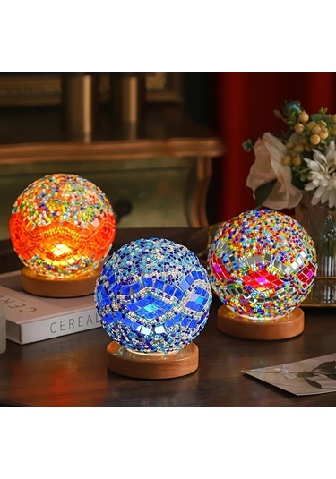 Willowhaven Bohemian Orange B Style Usb Fişli Mozaik Gece Lambası Kademesiz Karartma Yatak Odası Masa Dekoru Ahşap