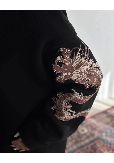 Bisiklet Yaka Baskılı Sweatshirt - Siyah Siyah