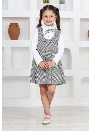 Kız Çocuk Kaz Ayağı Desenli Pileli Elbise Ve Likralı Body Siyah-beyaz