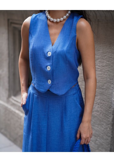 Kadın Yelekli Maxi Etekli Takım Mavi