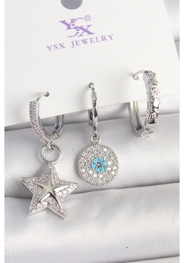 Pirinç Gold Renk Zirkon Taşlı Yıldız Model Nazar Boncuk Detay 3'lü Kadın Kombin Küpe Çok Renkli