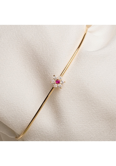 Gümüş Bilezik - Yakut Taşlı Çiçek Tasarım Zarif 925 Ayar Gümüş Bilezik Gümüş