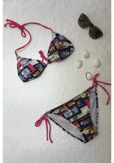 Dagi Desenli Pembe Boyundan Bağlı Üçgen Bikini Takımı