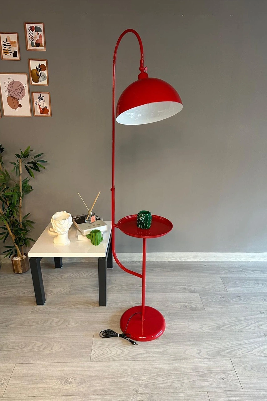 Kırmızı Lambader Hareketli Başlık Tepsili Modern Dekoratif Metal Oturma Odası Çalışma Odası Zemin Lambası Kırmızı