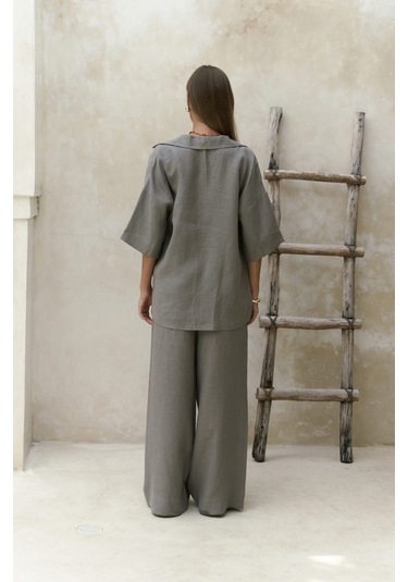 Mai Collection Baron Füme Keten Gömlek Pantolon Takım Füme