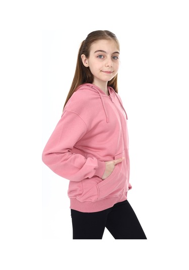 Toontoy Kız Çocuk Kapüşonlu Fermuarlı Cepli Düşük Omuz Nakış Baskılı Örme Hırka - 2 İplik Gül Kurusu