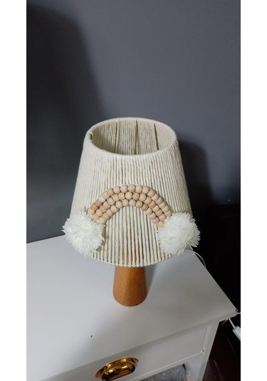 Ekru Makrome Avize Abajur Set Ahşap Boncuklu Bebek Çocuk Odası E27 Uyumlu Ekru