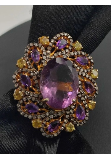 925 Ayar Gümüş Ametist Elmas Yüzük 256 Altın