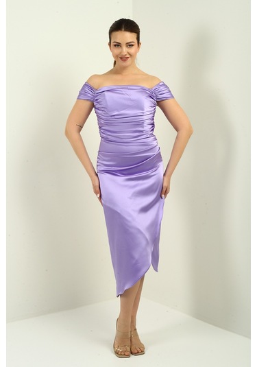 Kadın Madonna Yaka Drapeli Asimetrik Saten Kısa Elbise Lila