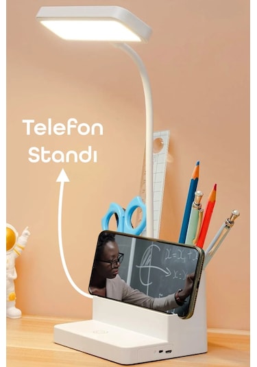 Şarjlı Masa Lambası - 3 Renk Dokunmatik Telefon Standlı 400 Lümen Usb Şarjlı Göz Yormayan Işık Beyaz