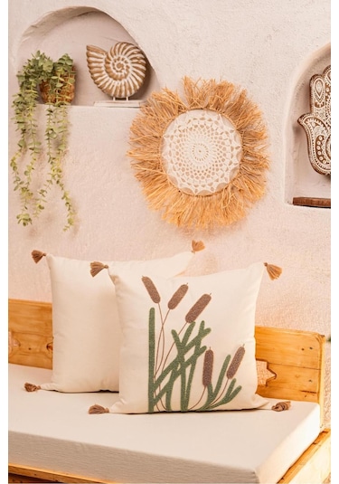 Doğa Motifli Püsküllü Kırlent Kılıfı Buğday Demeti Çok Renkli