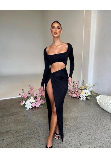 Pink Life Siyah Derin Yırtmaçlı Bel Dekolteli Sandy Kumaş Midi Elbise Siyah