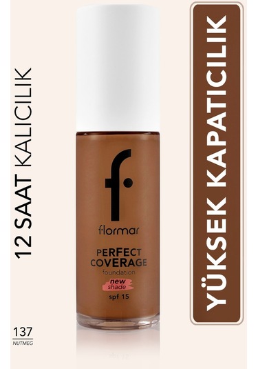 Flormar Perfect Coverage Yoğun Kapatıcı Su Bazlı Fondöten (Sıcak Alt Ton) -137 Nutmeg-8682536070676