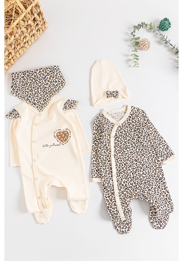 Leopar Desenli 2'Li Uzun Kollu Kız Bebek Tulum Takım 001