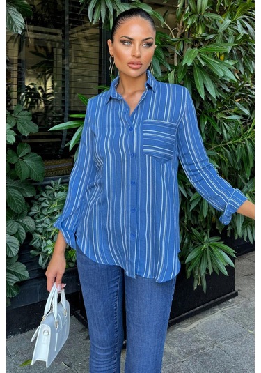 Kadın İndigo Uzun Kol Özel Kumaş Tek Cep Gömlek Dik Çizgili Arkası Uzun Basic Kesim Gömlek Indigo