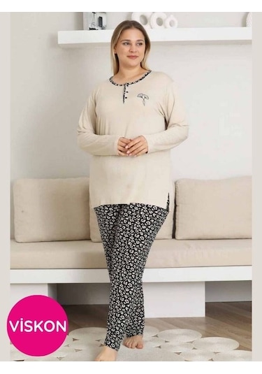 Kadın Desenli Bisiklet Yaka 3 Düğmeli Yırtmaç Detaylı Büyük Beden Viskon Uzun Kol Pijama Takımı Bej