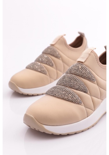 Dgn 222 Kadin Kalin Taban Baklava Desenli Sneaker Ayakkabi 222-2494-R0155 Bej - Beyaz