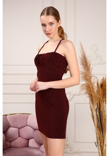 Gimer - Ip Askılı Göğsü Büzgülü Kadın Elbise - Gsp3824G Bordo